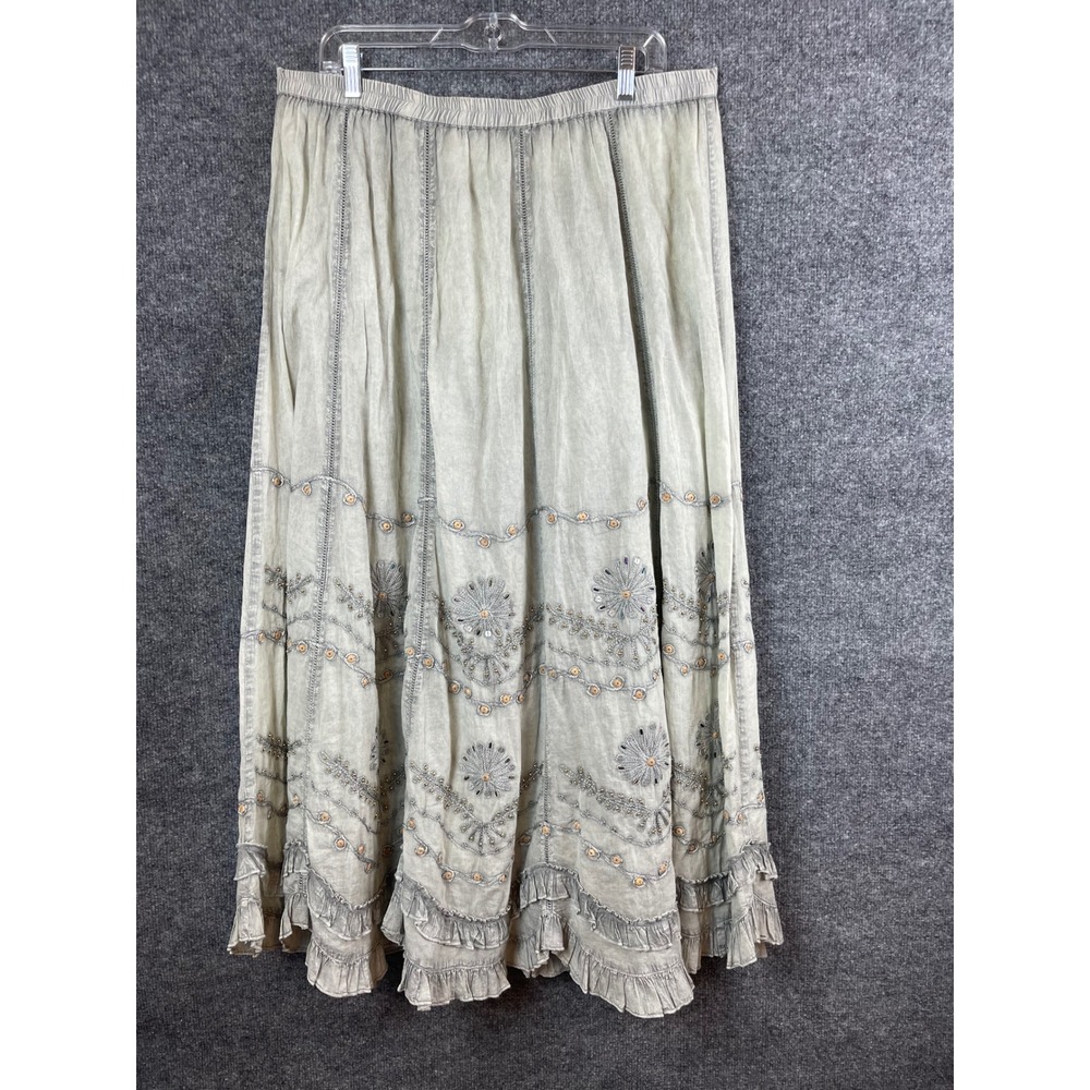Soft Surroundings Sage Green Embroidered Tiered Maxi Skirt
